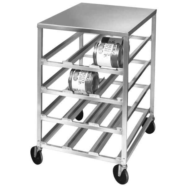 A Channel aluminum can rack cart with cans on it.