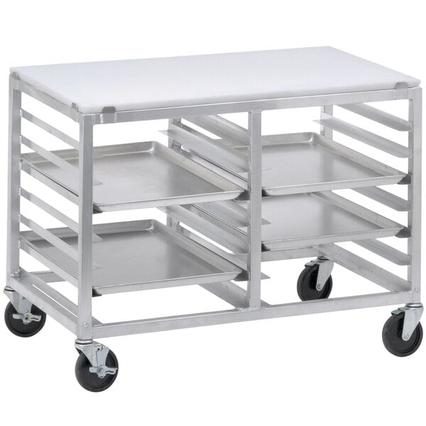 A Channel sheet pan rack cart with trays on wheels.
