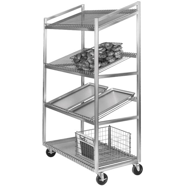 A white metal Channel slant rack with 4 shelves holding food.