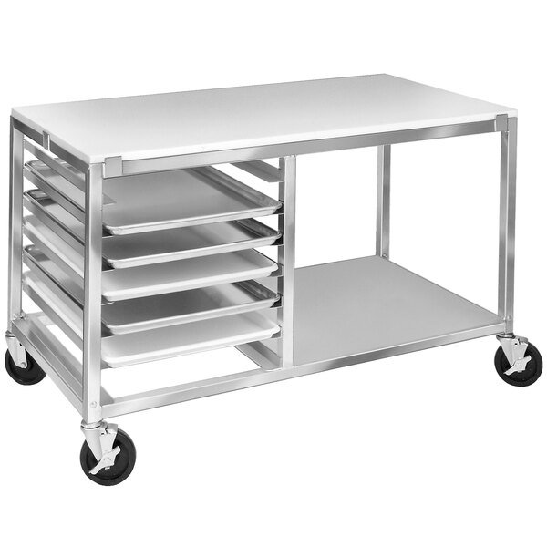 A Channel MW247/P sheet pan rack with open shelf on wheels.