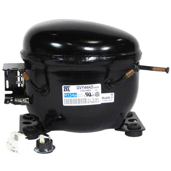 A black metal Turbo Air compressor with a white label.