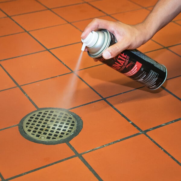A person using Noble Chemical Eliminate flying insect killer to spray a tiled floor.