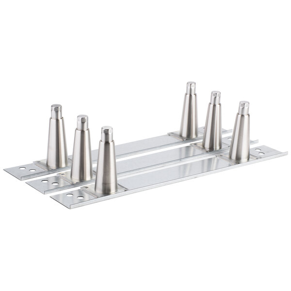 A set of six Master-Bilt stainless steel legs with metal bases.
