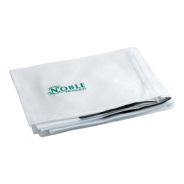 A folded translucent small vinyl dish dolly cover with the Noble Products logo printed on it.