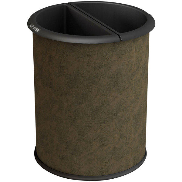 A brown vinyl round Commercial Zone Precision InnRoom recycler wastebasket with black liners.