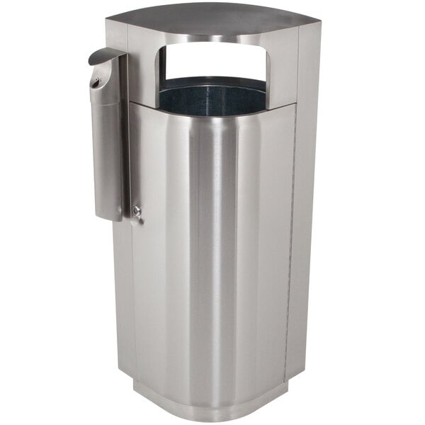 A silver stainless steel Commercial Zone Leafview trash receptacle with a lid.