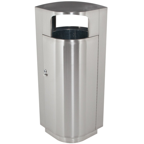A close-up of a silver stainless steel Commercial Zone Leafview trash receptacle with a lid.