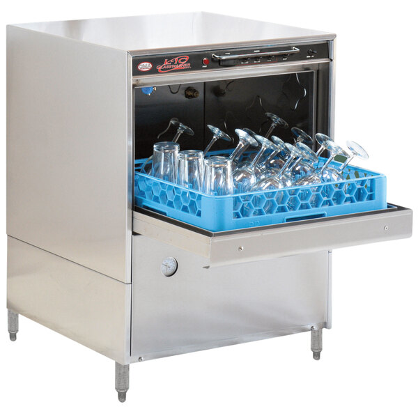 A CMA L-1C undercounter glasswasher with wine glasses inside.