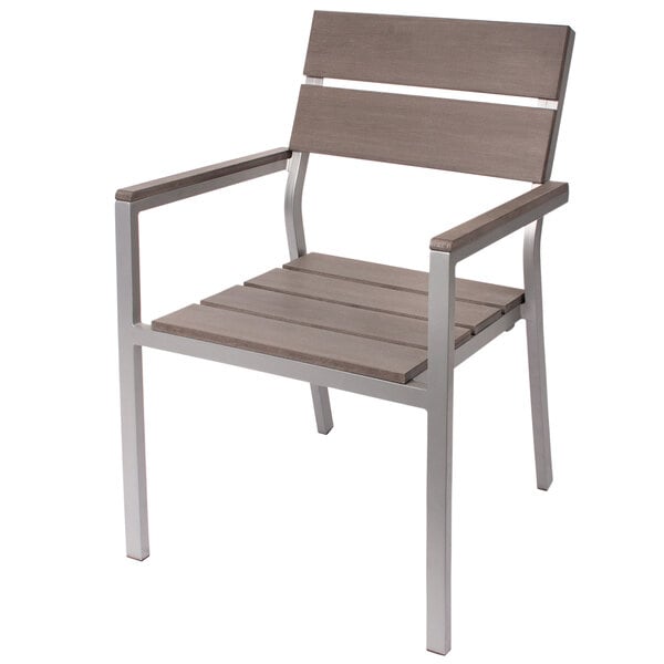 BFM Seating Seaside Soft Gray Stackable Aluminum Outdoor / Indoor Armchair with Gray Synthetic Teak Back and Seat