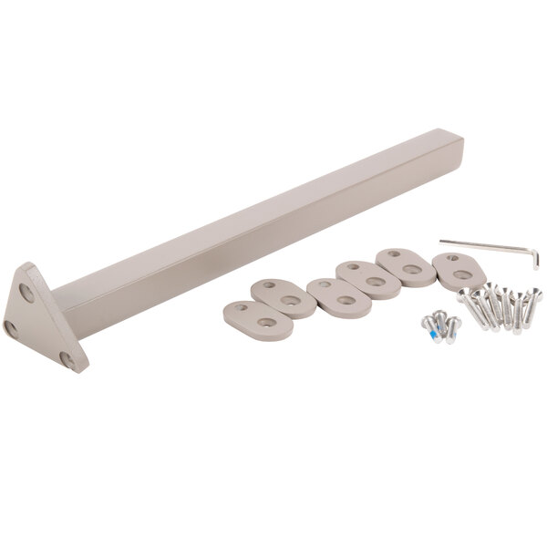 A BFM Seating Vista Earth Bolt-Down Hardware Set with a white metal rectangular bracket with screws and bolts.