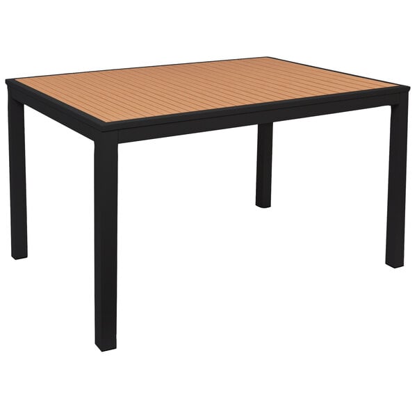 BFM Seating Longport 32" x 48" Rectangular Black Aluminum Outdoor / Indoor Standard Height Table - Synthetic Teak