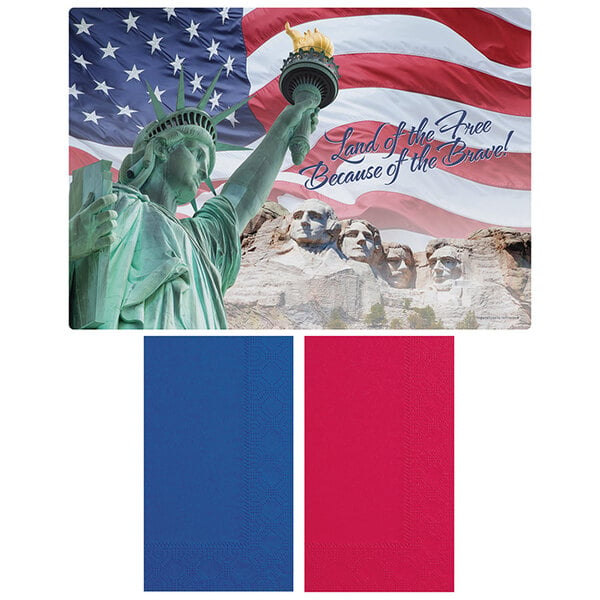 A white Hoffmaster placemat with a statue of liberty and American flag.