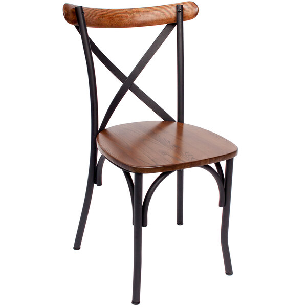 A BFM Seating Henry wooden side chair with a metal frame and wooden back.