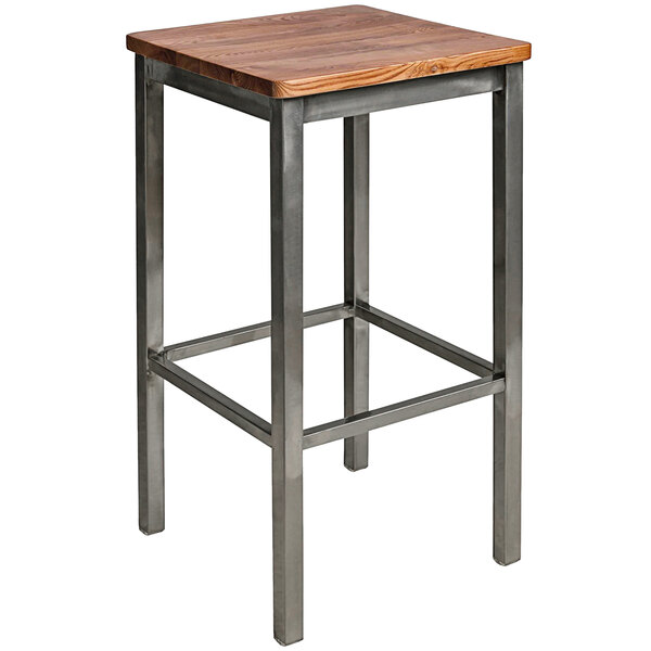 BFM Seating Trent Sand Clear Coated Steel Bar Stool with Autumn Ash Wooden Seat