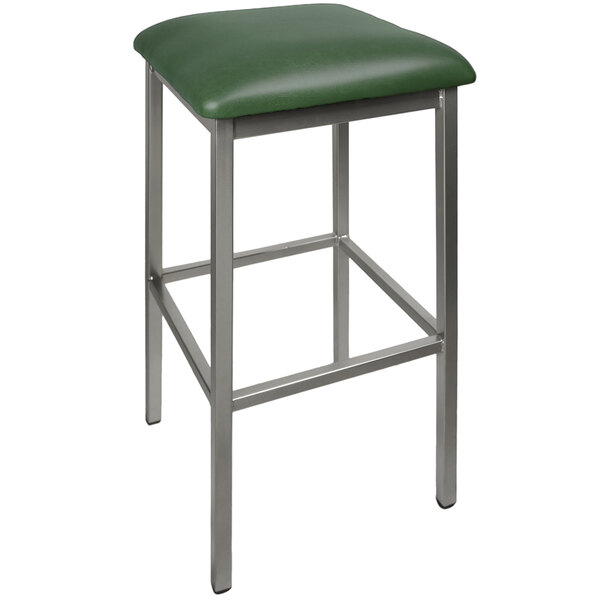 A BFM Seating green vinyl bar stool with metal legs.