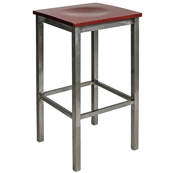 BFM Seating Trent Clear Coated Steel Bar Stool with Mahogany Wooden Seat