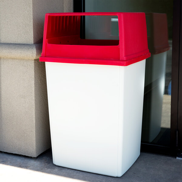 Rubbermaid Glutton 56 Gallon White Rectangular Trash Can and Red Lid
