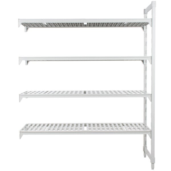 A white metal shelf with vented shelves.