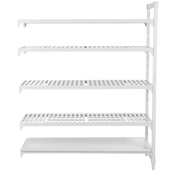 A white metal Camshelving® add-on unit with 4 vented shelves and 1 solid shelf.