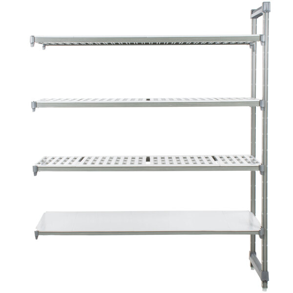 A white metal Cambro Camshelving Elements add-on unit with 3 shelves.