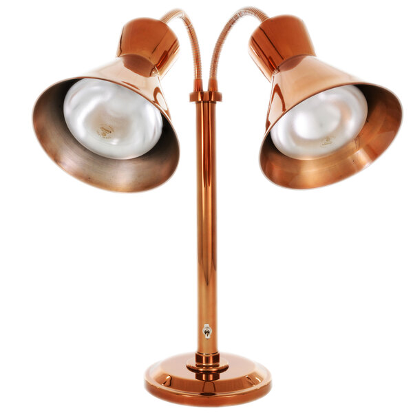 A Hanson Heat Lamps smoked copper freestanding dual bulb heat lamp stand.