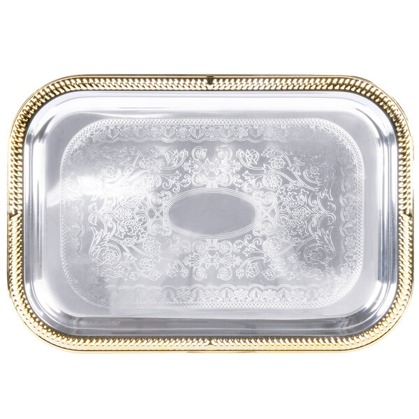 A silver rectangular metal catering tray with a gold border.
