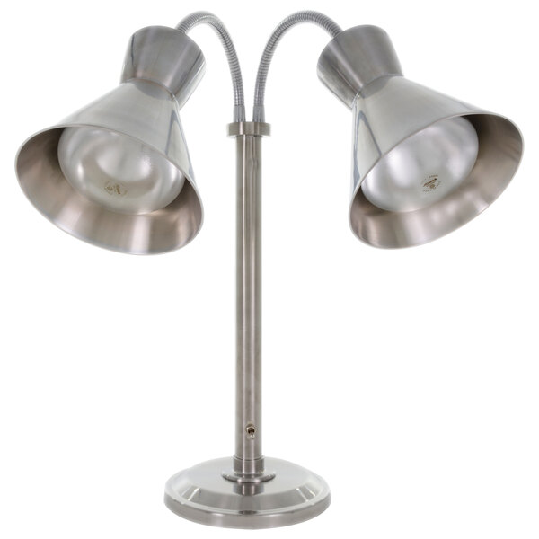 A Hanson Heat Lamps stainless steel freestanding dual bulb heat lamp with two shades.