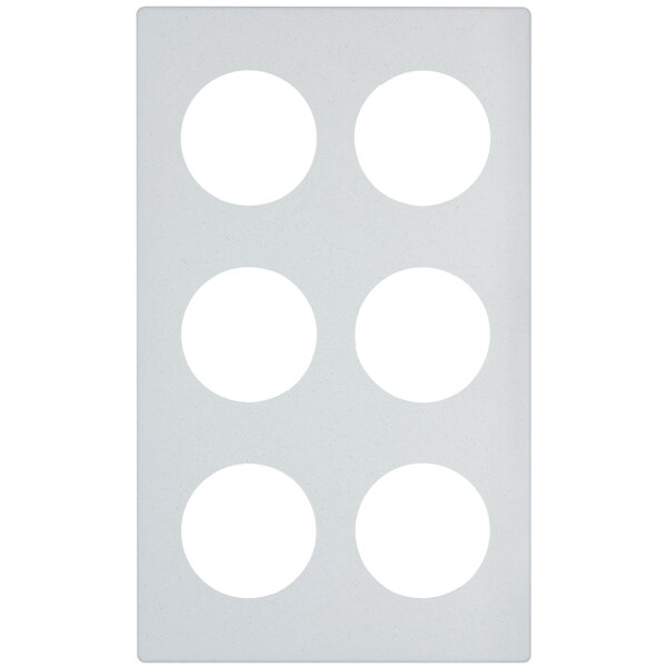 A white rectangular adapter plate with six white circles.