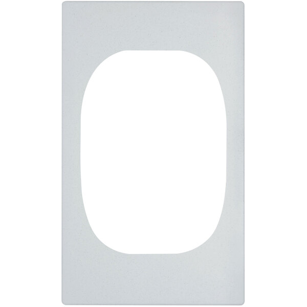 A white rectangular resin adapter plate with a white oval opening in the middle.