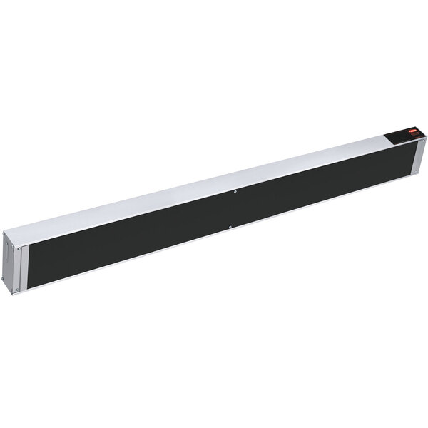 A long black metal rectangular strip with a white rectangular object at one end.