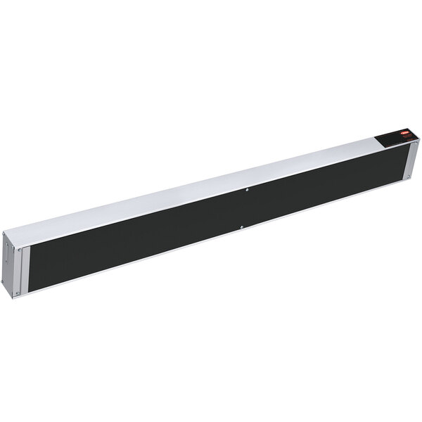 A long rectangular black and silver metal strip with a white rectangular strip.