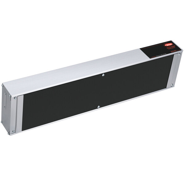 A rectangular metal box with a black label containing a black and silver metal shelf with red lights.