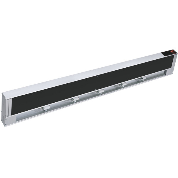 A long black and silver metal rectangular strip warmer with black panel.