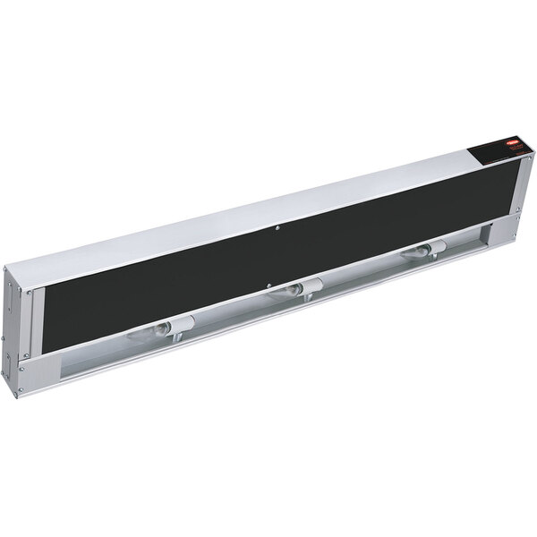 A long black rectangular metal panel with a black and silver metal strip and lights.