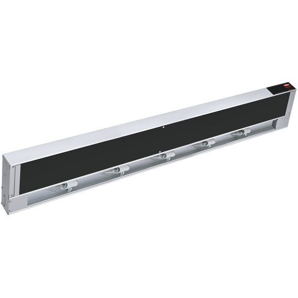 A long black rectangular Hatco strip warmer with lights.