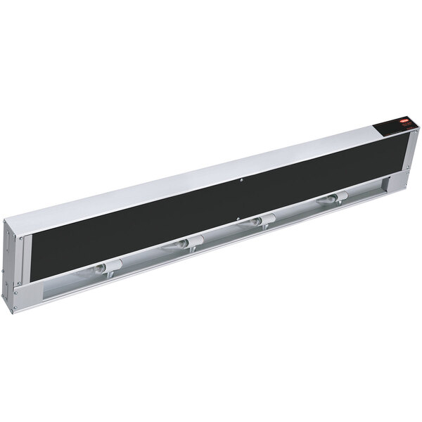 A long black rectangular Hatco Strip Warmer with a black panel.
