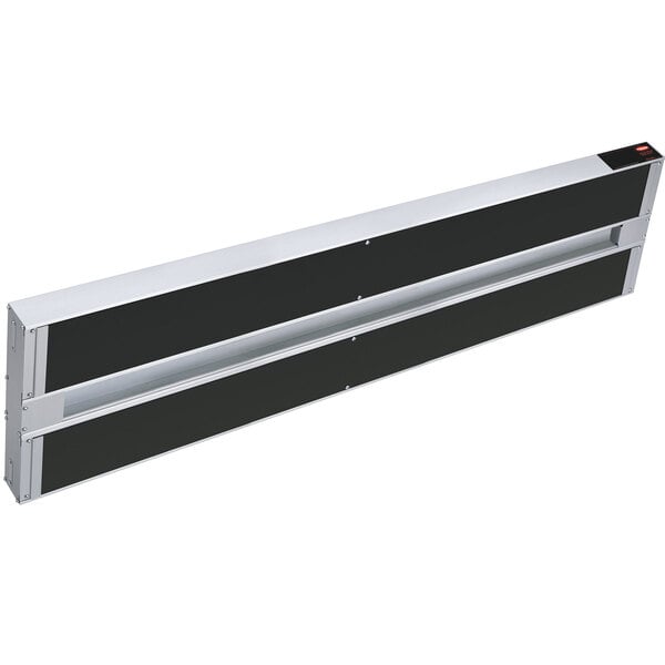 A black rectangular metal strip with black rectangular buttons on a white background.