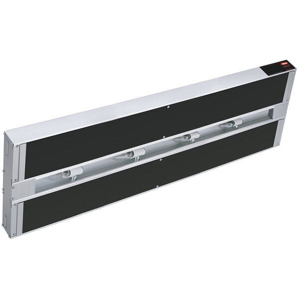 A black rectangular metal Hatco strip warmer with white lights.