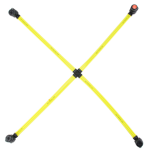A yellow and black cross with black handles on a yellow table pad.