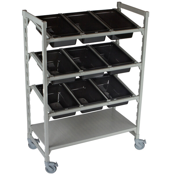 A metal Camshelving flex station with black trays on silver frames.
