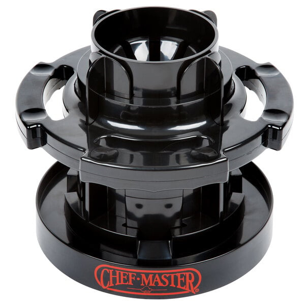 A black plastic Chef Master citrus wedge cutter hub with a hole in the center.