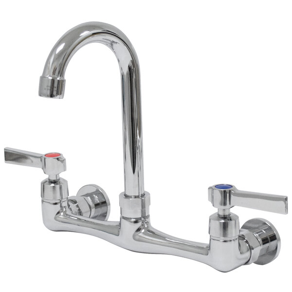A chrome Advance Tabco wall mount faucet with gooseneck spout and lever handles.