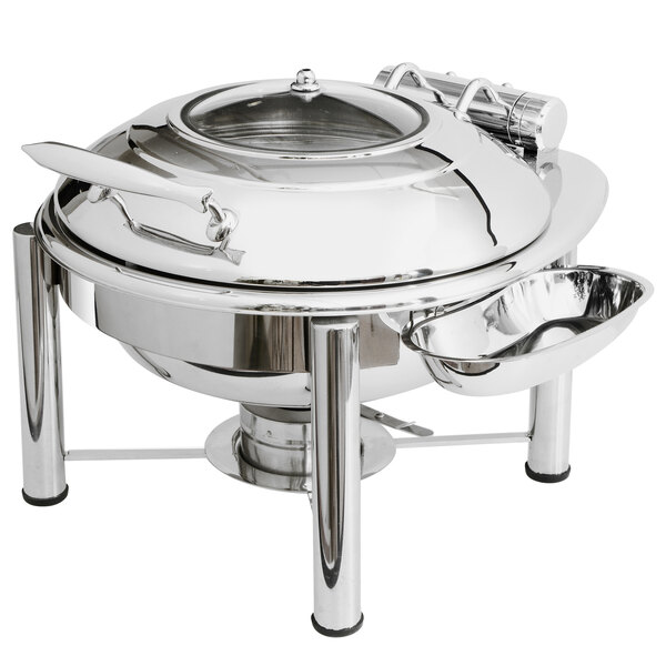 An Eastern Tabletop stainless steel round chafer with a lid on a pillar'd stand.