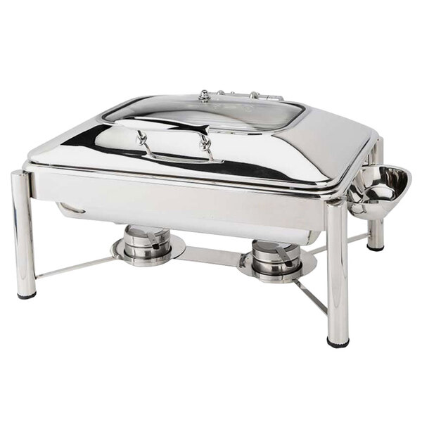 An Eastern Tabletop stainless steel rectangular chafer with a hinged glass dome cover on a silver stand.