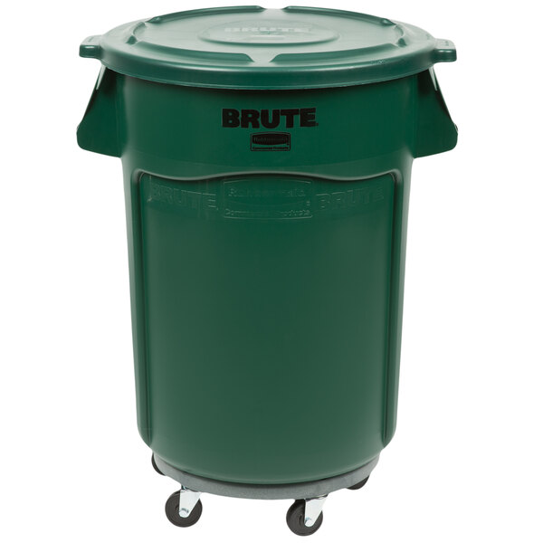Rubbermaid BRUTE 44 Gallon Green Round Trash Can with Lid and Dolly