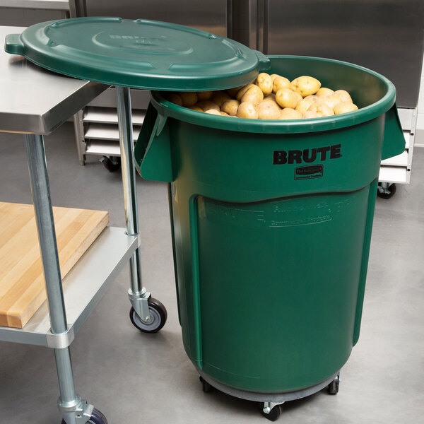 Rubbermaid BRUTE 44 Gallon Green Round Trash Can with Lid and Dolly