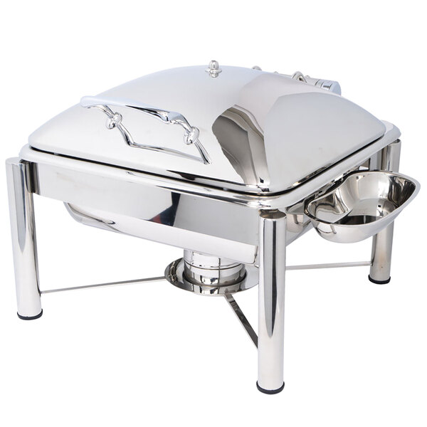 A stainless steel Eastern Tabletop Crown chafer with a lid and silver accents.