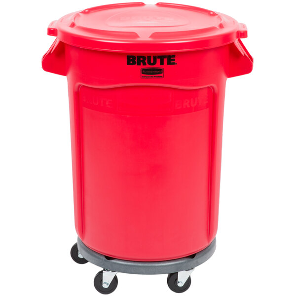 Rubbermaid BRUTE 32 Gallon Red Round Trash Can with Lid and Dolly
