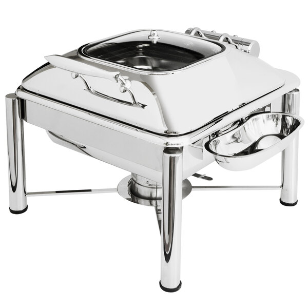 An Eastern Tabletop stainless steel square chafer with a lid on a table.