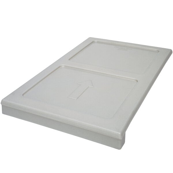 A light gray rectangular plastic container with a handle and an arrow.